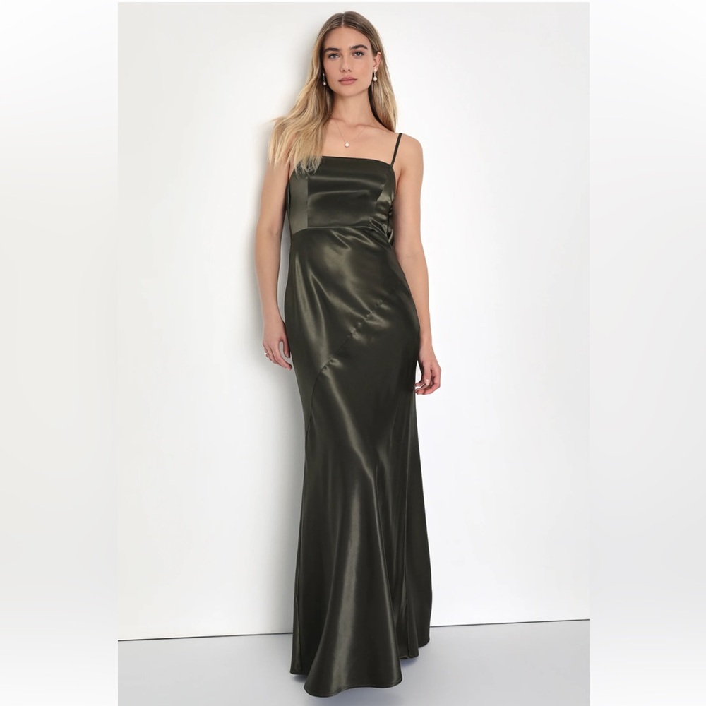 Lulu’s Endlessly Intriguing Olive Green Satin Maxi Dress NWT